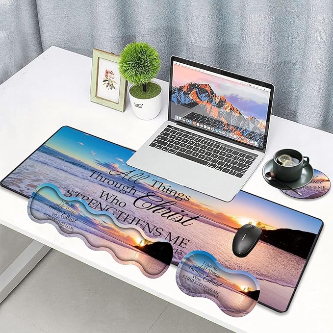Large Gaming Mouse Pad Keyboard Wrist Rest pad + Mouse Wrist pad + Coaster Set Extended Waterproof Non-Slip Table mat Suitable for Home Office Learning Games - Philippians 4-13