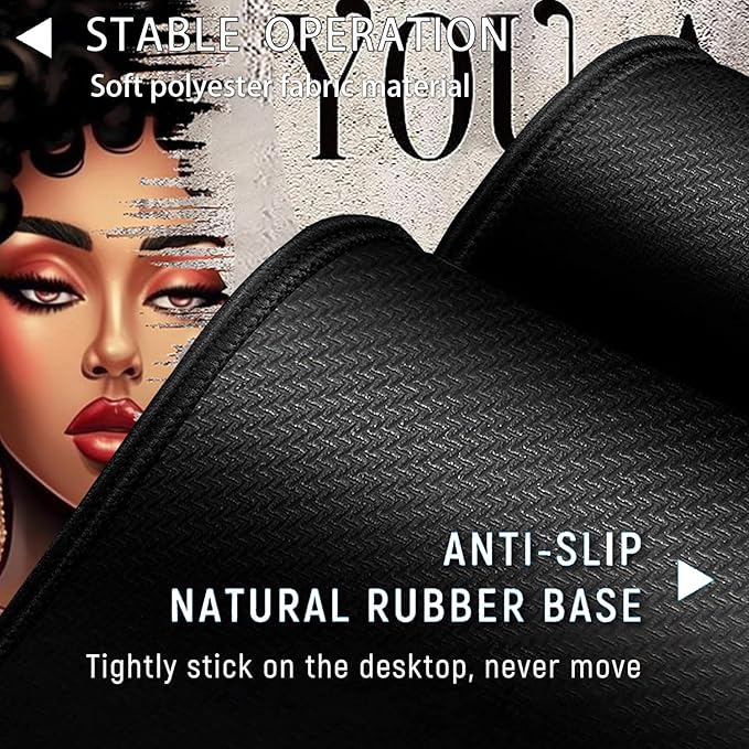 Large Gaming Mouse Pad+ Keyboard Wrist Rest Set Ergonomics Memory Foam Mouse Mat Wrist Rest Support Waterproof Extended Mousepad 31.5x11.8in African American Women Black Girl Black Desk Pad