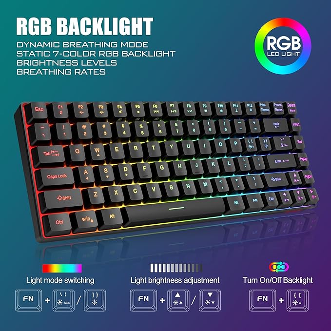 RedThunder K84 Wireless Keyboard and Mouse Combo Rainbow Backlit Rechargeable Battery 75% Layout TKL Ultra Compact Gaming Keyboard &amp Lightweight 3200 DPI Honeycomb Optical Mouse (Black)