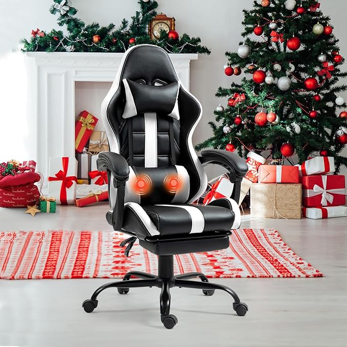 Massage Gaming Chair w/Footrest Ergonomic High Back PC Chair w/Headrest and Lumbar PU Swivel Home Desk Office Chair White