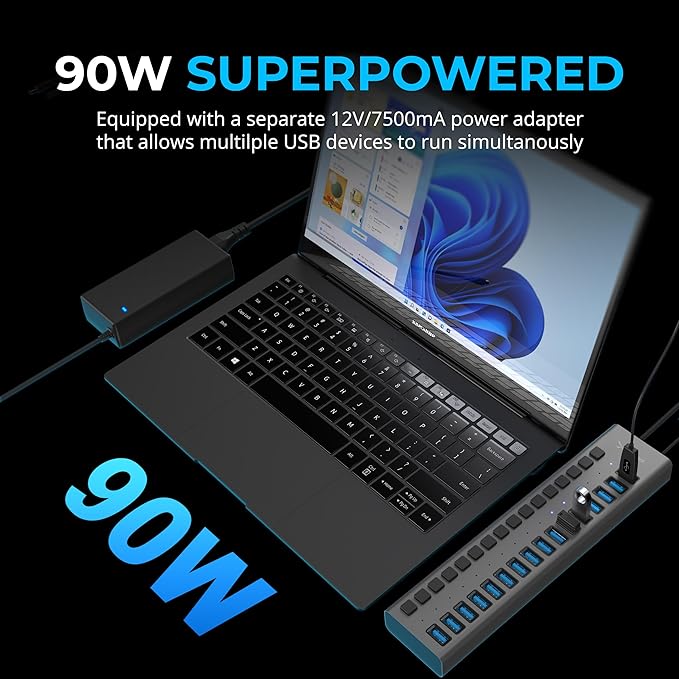 SABRENT 16-Port USB 3.0 Data Hub and Charger with Individual Power Switches 90W High-Power Output (HB-PU16)