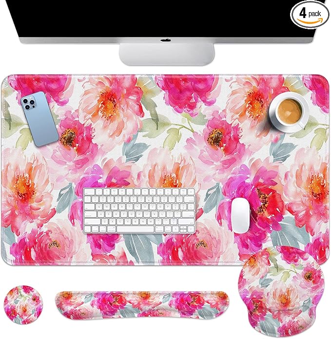 Arttown Flower Floral Pink Desk Mat Peony Spring Summer Mouse Pad Set 4-in-1 Large Mousepad+Keyboard Wrist Rest+Mouse Wrist Rest+Coaster with Ergonomic Design Non-Slip Mat