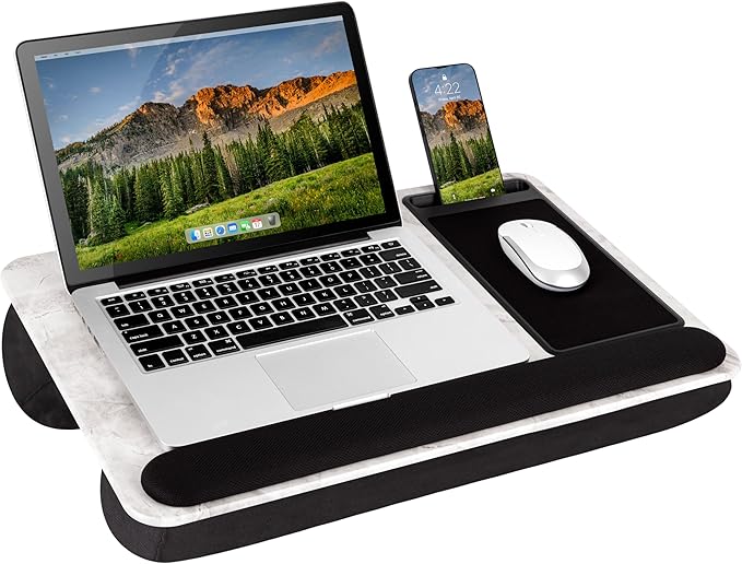 LAPGEAR Home Office Pro Lap Desk with Wrist Rest Mouse Pad and Phone Holder - White Marble - Fits up to 15.6 Inch Laptops - Style No. 91591
