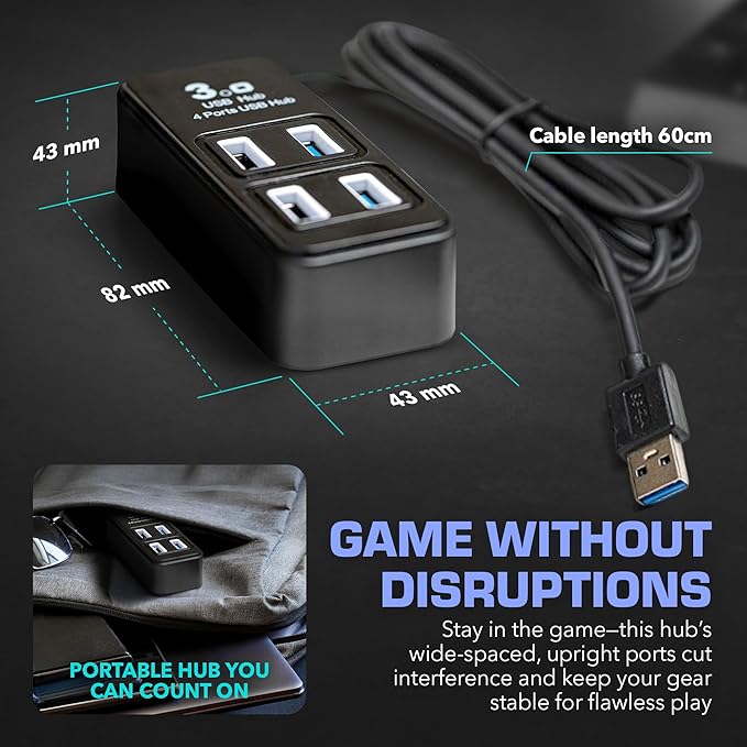 Rebuff Reality 4 Port USB Hub Dongle USB 3.0 Hub for Wireless Interference Reduction for Gaming Stable Connection &amp Lag-Free for Mouse Keyboard Headset Compatible with PC Mac Xbox PlayStat