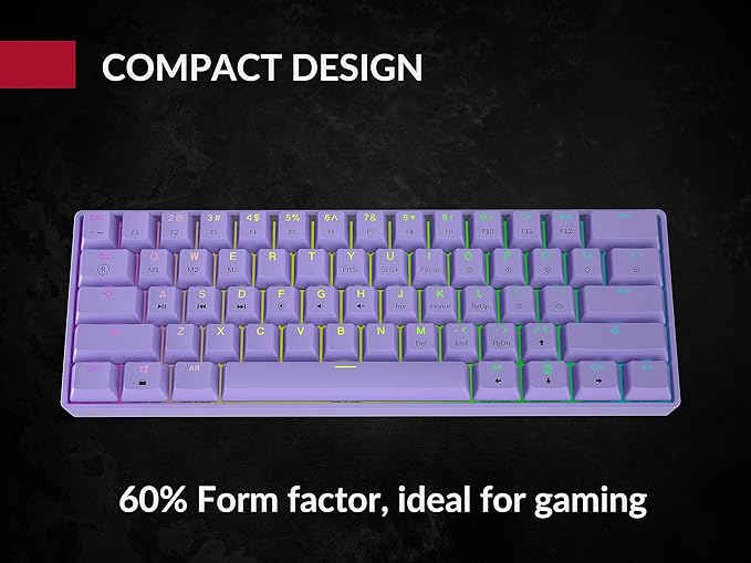 Mechanical Gaming Keyboard - 61 Keys Multi Color RGB Illuminated LED Backlit Wired Programmable for PC/Mac Gamer (Gateron Optical Brown Lavender)