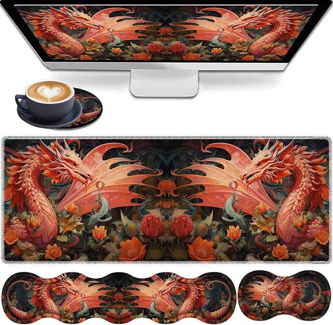 4 in 1 Mouse Pad Combo Large Gaming Mouse Pad + Keyboard Wrist Support + Mouse Wrist Rest + Coaster Table Pad with Stitched Edge Ergonomic Wrist Pad Set Dragon