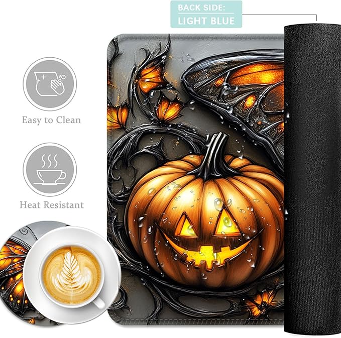 Keyboard Mouse Pad Set Extended Gaming Mouse Pad+Ergonomics Keyboard Wrist Rest Support Memory Foam Easy Typing Pain Relief 4Pcs XL Ultra Thick Desk MatHalloween Butterfly Pumpkin
