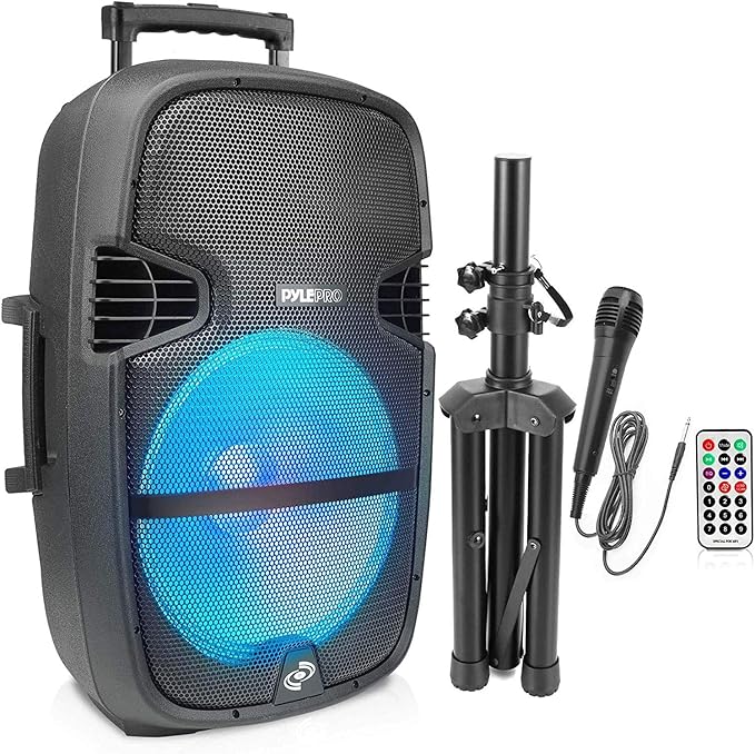 Pyle Portable Bluetooth PA Speaker System - 1000W Outdoor Bluetooth Speaker System w/Microphone in Party Lights USB SD Card Reader FM Radio Wheels - Remote Control Tripod PPHP1548B BLACKBLUE