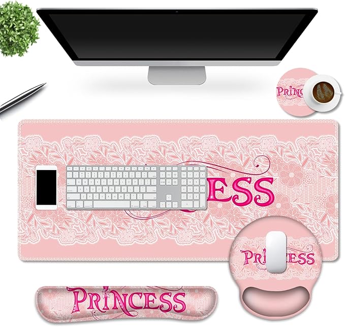DINKY Pink Mouse Pad with Wrist Rest Desk Pad for Keyboard and Mouse Ergonomic Mousepad Set Keyboard Wrist Rest with Coaster Desk Mat Combo for Office Home Pink Princess
