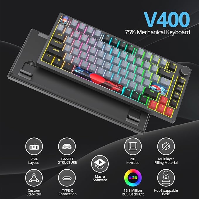 75 Percent Keyboard Gasket-Mounted with Sound Absorbing Pads 82-Key Compact Wired RGB Mechanical Gaming Keyboard Hot-Swap Socket for Win Dolch