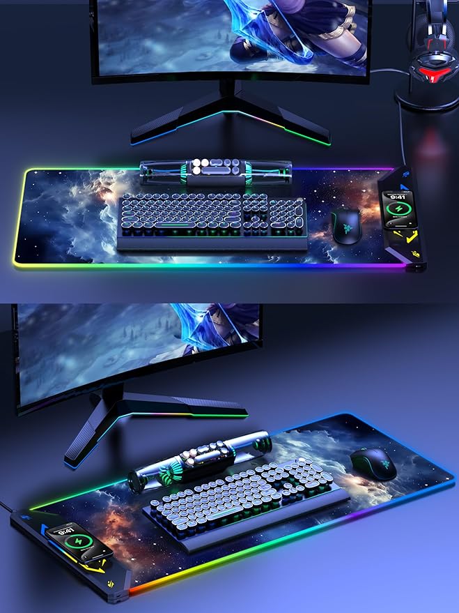 TopMade Wireless Charging Mouse Pad RGB Gaming Mousepad 35.4 x 15.8 Extra Large Waterproof Keyboard Desk Pad Computer Desk Mat Blue Nebula (Includes 20W PD Power Adapter &amp 6.56ft Woven Cable