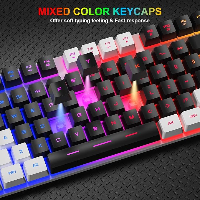 BlueFinger RGB Gaming Keyboard and Backlit Mouse Combo USB Wired LED Gaming Set for Laptop PC Computer Game and Work (White &amp Black)