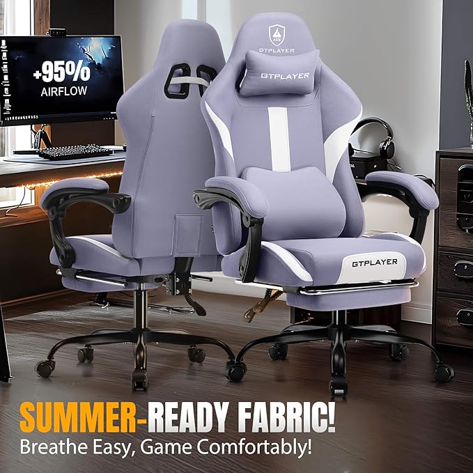 GTPLAYER Gaming Chair with Foot Rest &amp Pocket Spring Cushion Breathable Fabric for Home Office Desk Ergonomic High Back Computer Chair with Headrest &amp Lumbar Support Lavender Purple