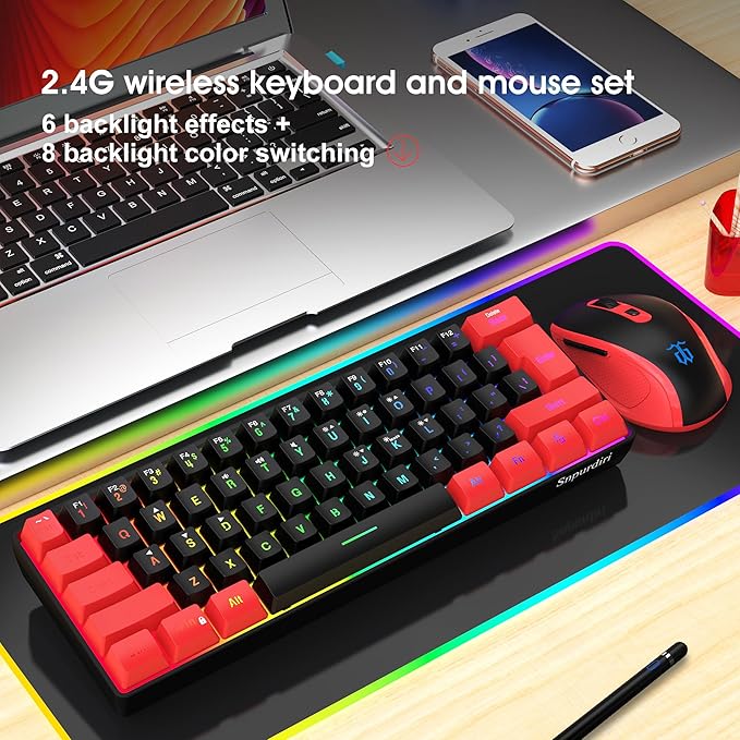 Snpurdiri 2.4G Wireless Gaming Keyboard and Mouse Combo Include Mini 60% Merchanical Feel Keyboard Ergonomic Vertical Feel Small Wireless Mouse(Red and Black)