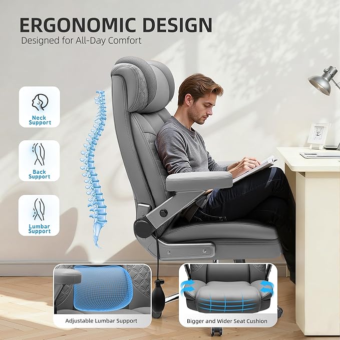 Office Chair 5D Flip Arm Ergonomic Desk Chair with Adjustable Lumbar Support for Back Pain Extra Wide 500LBS Comfy Big and Tall Office Chair Executive Leather Computer Game Chair for Heavy People