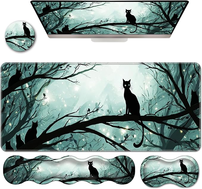 Ergonomic Keyboard Wrist Rest &amp Mouse Pad Wrist Rest SetXL Gaming Desk Mat 31.5x 11.8Non-Slip BaseMemory FoamEasy Typing Pain Relief for Office &amp HomeCats in Moonlit Forest