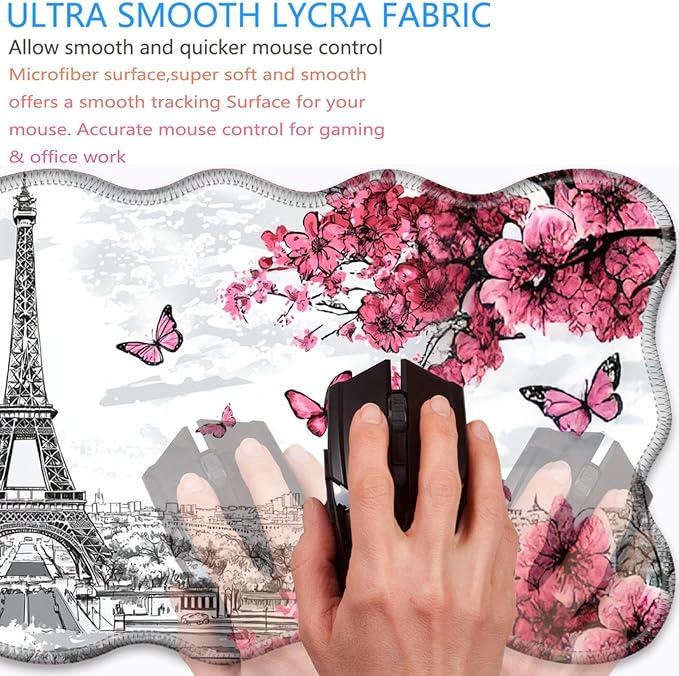 Bxgolkgd Desk Mat SetMouse Pad with Keyboard Wrist Rest &amp Mouse Wrist RestWave-Shaped DesignNon-Slip Rubber BaseErgonomic Desk Mat for HomeOfficeGamingButterfly Eiffel Tower