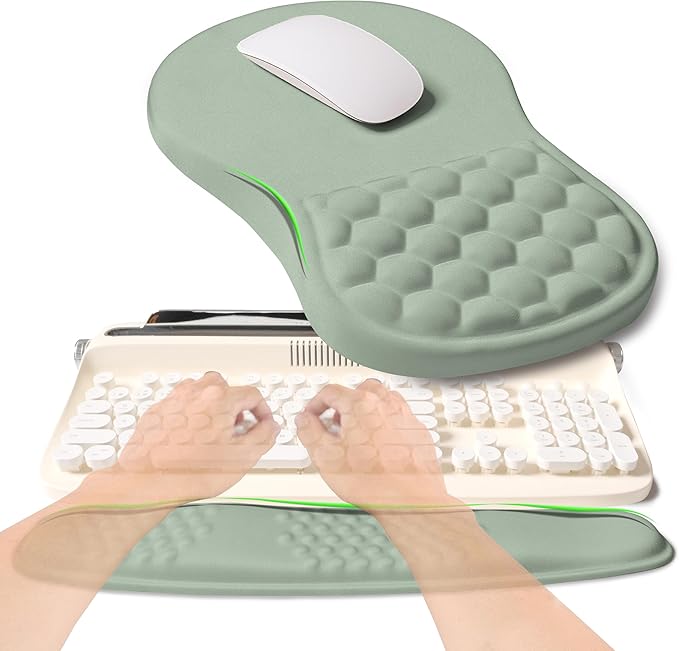 2-in-1 Ergonomic Set Wave Rise Keyboard Wrist Rest and Massage Bulge Slope Mouse Pad Wrist Support Cushion Memory Foam Integrated to Relieve Wrist Pain Light Green