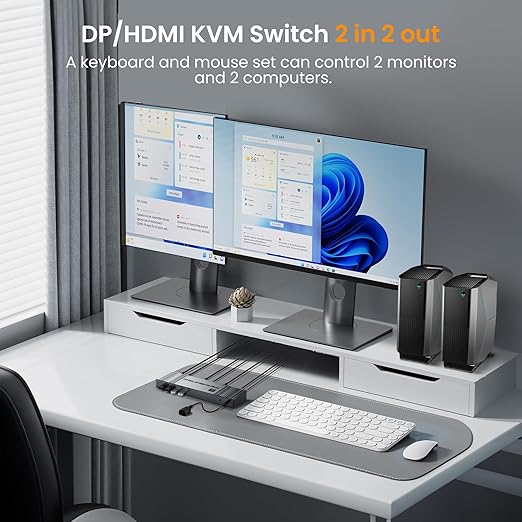 8K@60Hz HDMI+DP KVM Switch with 4-Port USB 3.0 Hub Dual HDMI Monitor KVM Switch for 2 Computers Supports Extended/Copy Mode Keyboard &amp Mouse Sharing Includes USB Cables &amp Remote Controller