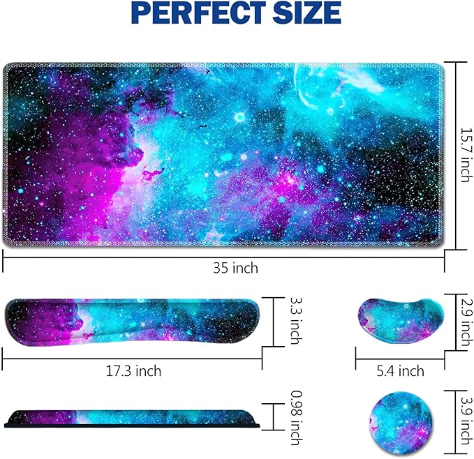 AIMSA Large Gaming Mouse Pad Set Keyboard Wrist Rest Support Mouse Pad Ergonomic Memory Foam Multifunctional Extended Desk Mat 35x15.7in Anti-Slip Rubber Base Galaxy Nebula Universe