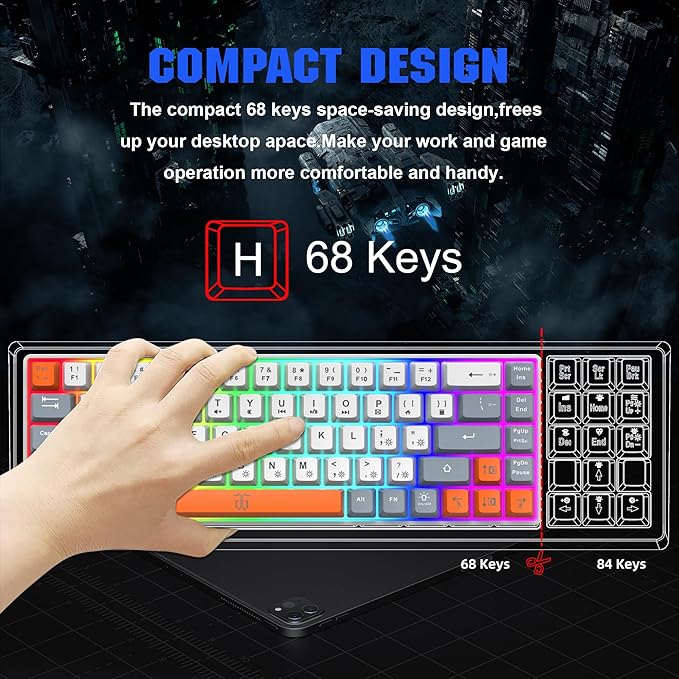 Snpurdiri 60% Percent Gaming Keyboard Ergonomic Compact RGB Backlit Small Gaming Keyboard for Windows PC Laptop (68 Keys White-Grey-Orange)