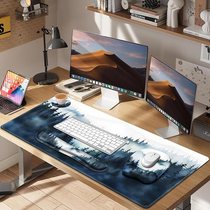 Large Mouse Pad Keyboard Wrist Rest Set Ergonomic Mouse Pad with Wrist Support Desk Mat with Stitched Edges + Coaster Extended Desk Pad Waterproof Desk Mat for Home Office Game I Misty Forest