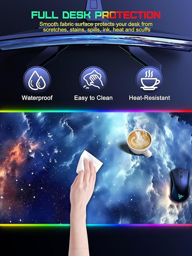 TopMade Wireless Charging Mouse Pad RGB Gaming Mousepad 35.4 x 15.8 Extra Large Waterproof Keyboard Desk Pad Computer Desk Mat Blue Nebula (Includes 20W PD Power Adapter &amp 6.56ft Woven Cable