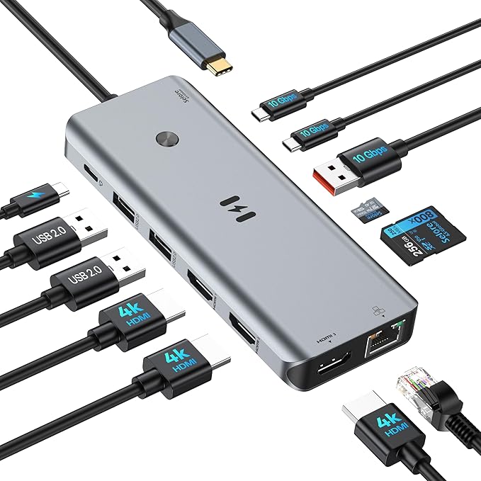 USB C Docking Station 3 HDMI Selore 12-in-1 Docking Station 3 Monitors with Triple HDMI 10Gbps USB A/C 3.1 100W PD Charging Gigabit Ethernet SD/microSD Card Reader for Dell/HP/Lenovo Laptops