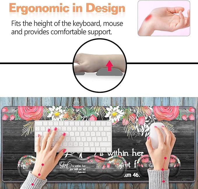 Ergonomic Keyboard Wrist Rest &amp Mouse Pad Wrist Rest SetLarge XXL Gaming Desk Mat 31.5x 11.8Non-Slip Base Memory FoamEasy Typing Pain Relief for Office &amp HomeFloral Quote Bible Verse Ps