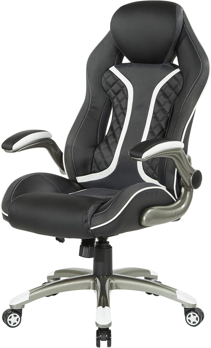 OSP Home Furnishings Xplorer 51 Ergonomic Adjustable High Back Gaming Chair with Lumbar Support and Padded Flip Arms Black Faux Leather with White Trim