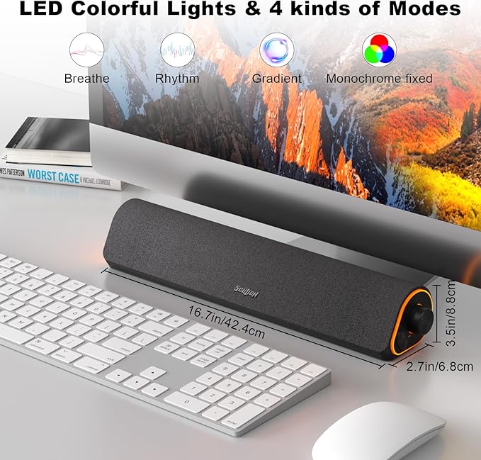 SOULION R50 Bluetooth Computer Speakers 3.5mm PC Sound Bar for Desktop Monitor Wired USB Powered &amp Colorful LED Lights with Switch Button Surround Sound Soundbar PC Spearkers for Computer
