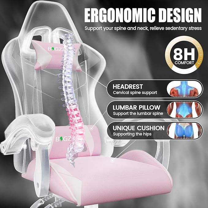 Bigzzia Gaming Chair Ergonomic Video Game Chairs with Pillow and Lumbar Support Racing Style Height Adjustable Computer Chair with 360°-Swivel Seat for Adults and Teens (Pink)