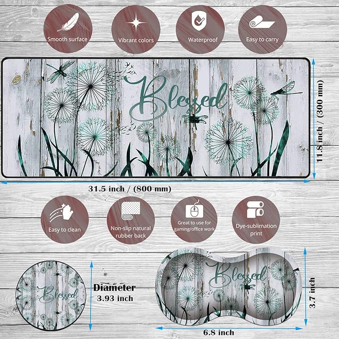 Large Game Mouse Pad + Wrist Support Pad + Coffee Coaster Dandelion and Blessed Foldable Table Mat with Stitched Edge Non-Slip Set Pad Suitable for Office Work and Home