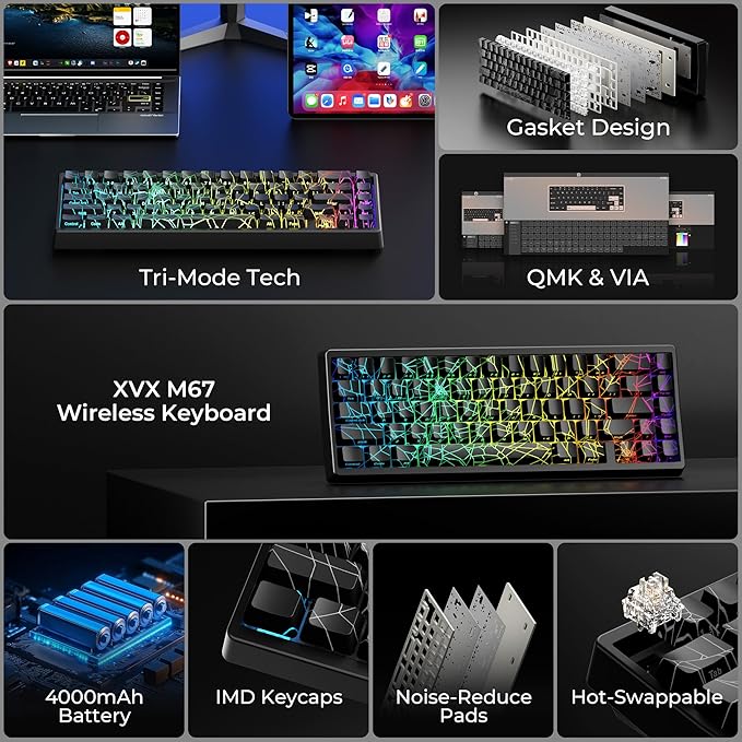 HITIME x XVX M67 60% Percent Keyboard Wireless QMK/VIA Black Spider Web Gaming Keyboard Tri-Mode Thocky Creamy Mechanical Key Board Hot Swappable Gasket Mount RGB IMD Tech for Win/Mac