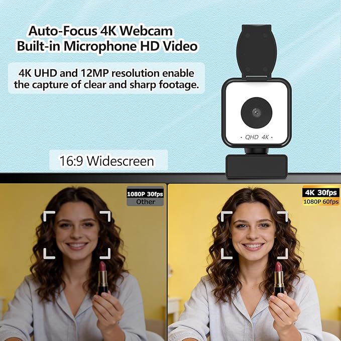 4K USB Webcam with Dual Microphones 9X Hybrid Zoom Auto Light Correction 86° Wide Angle for Video Conferencing Live Streaming Remote Work Compatible with PC Desktop Laptop