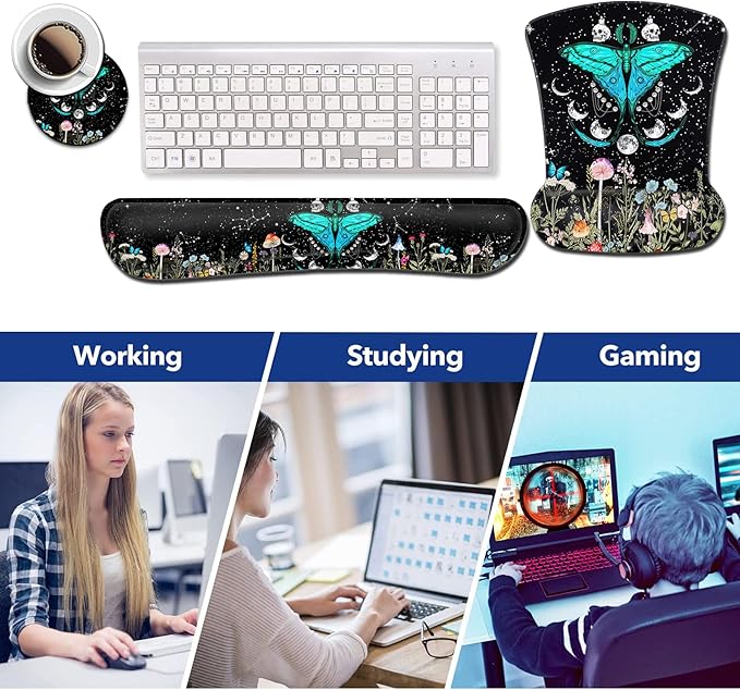 Keyboard Wrist Rest and Mouse Pad with Wrist Support Ergonomic Gel Mouse Padfor Easy Typing Pain Relief Memory Foam Keyboard Wrist RestMoth Moon Phase Witchy Black Mousepads Desktop Accessories