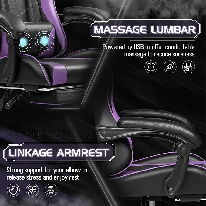 Homall Gaming Chair Video Game Chair with Footrest and Massage Lumbar Support Ergonomic Computer Chair Height Adjustable with Swivel Seat and Headrest (Purple)