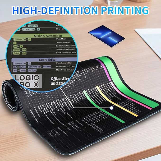 Logic Pro X Shortcuts Mouse pad Extra Large Keyboard Shortcut Desk Pad Large Gaming Desk Mat Mousepad Stitched Edges Non-Slip Rubber Base Mouse Pads for Computers Laptop