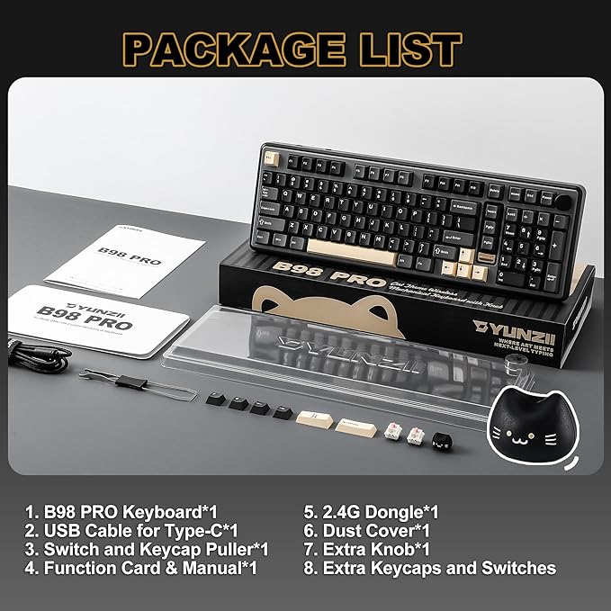 YUNZII B98 PRO QMK/VIA Wireless Mechanical Gaming Keyboard 96% Layout with Numpad and Cute Cat Knob BT/2.4G/USB-C Pre-Lubed Switch Hot Swap Gasket RGB for Win/Mac (Black Milk V2 Linear Switch)