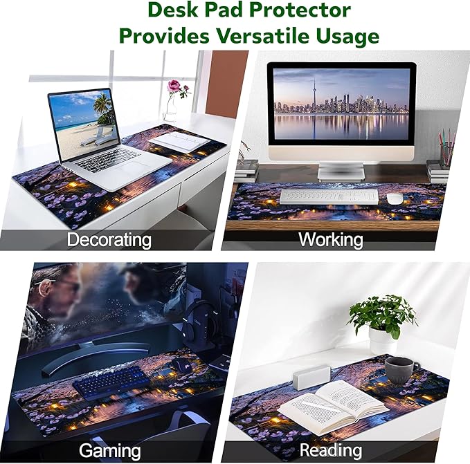Serene Cherry Blossom Bridge Desk Mat Tranquil Nightscape Large Gaming Mouse Pad Non-Slip Waterproof Office Desk Mat for Workstation Japanese Garden-Inspired Desktop Decor 31 x 15in