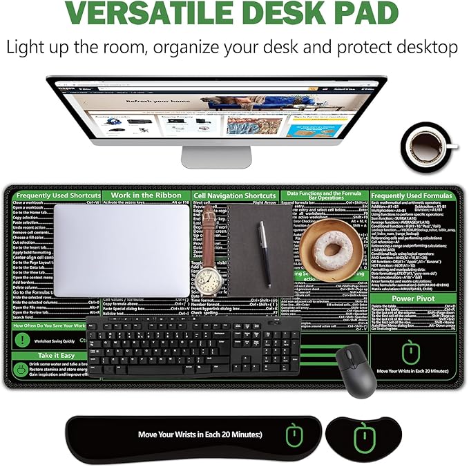 AIMSA Shortcuts Cheat Sheet Mouse Pad Large Keyboard Shortcut Keys Desk Mat+ Mouse Pad with Wrist Rest+ Keyboard Wrist Rest Support+ Coaster Ergonomic Multifunctional Mousepad