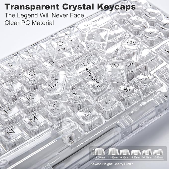 YUNZII X71 Wireless Hot Swappable Transparent Mechanical Keyboard with Clear Keycaps 68% Layout BT5.0/2.4G/USB-C Gasket Mount Wireless RGB Backlit for Windows/Mac(Crystal Ice SwitchWhite)
