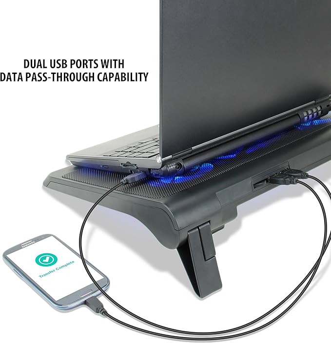ENHANCE Gaming Laptop Cooling Pad Stand with LED Cooler Fans  Adjustable Height  &amp Dual USB Port for 17 inch Laptops - 5 Ultra Quiet High Performance Fans 2630 RPM &amp Built-In Bumpers - Blue
