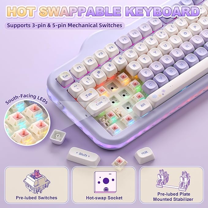 YUNZII C98 Wireless Mechanical Keyboard with Number Pad99 Key BT5.0/2.4G/USB-C Hot Swap Gasket Mount with PBT MOA KeycapsCustom RGBCute Cake Keyboard for Win/Mac (Purple Candy Linear Switch)