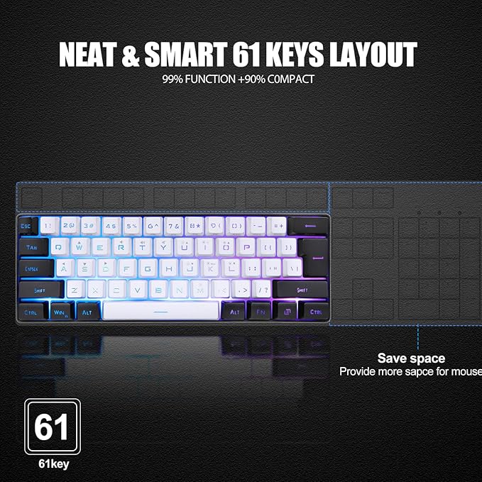 ZJchao Gaming Keyboard Mini RGB Keyboard LED Backlight 61 Keys Mechanical Feeling Wired Gaming Keyboard Keyboard Mechanical Keyboard with Type C Interface for Office Business (White)