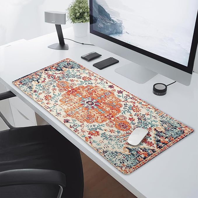 Orange Teal Boho Gaming Mouse Pad Extended 3XL Rug Carpet Bohemian Retro Large Desk Mat Big Mousepad Non-Slip Rubber Base Stitched Edge Long Desk Pad for Desktop Office PC Gamer47.2x23.6 in120x60cm