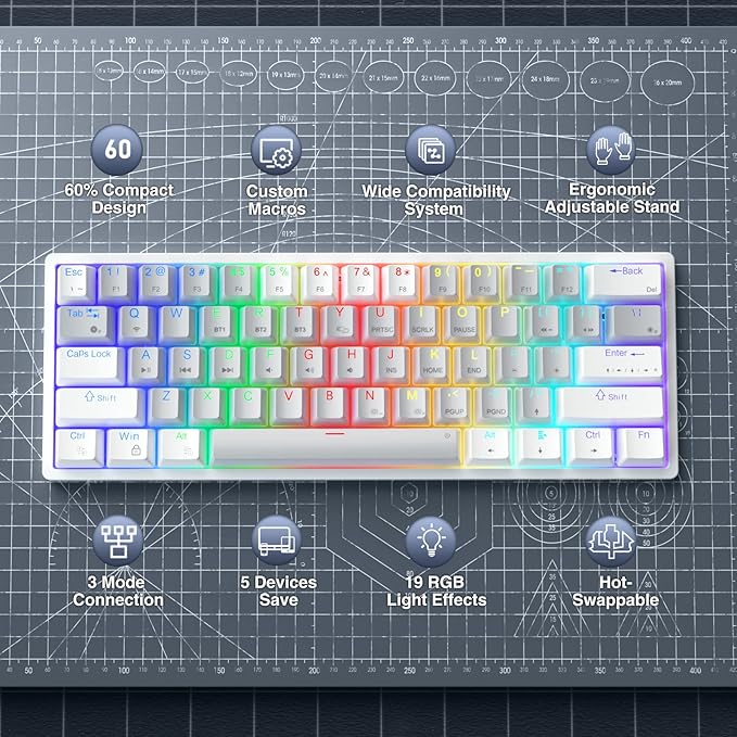 SK961 60% Wireless Gaming Keyboard with Triple Mode BT5.0/2.4GHz/USB-C WiredRGB Backlight 61 Keys Wireless 60% Keyboard Hot Swappable Mechanical KeyboardRed Switch