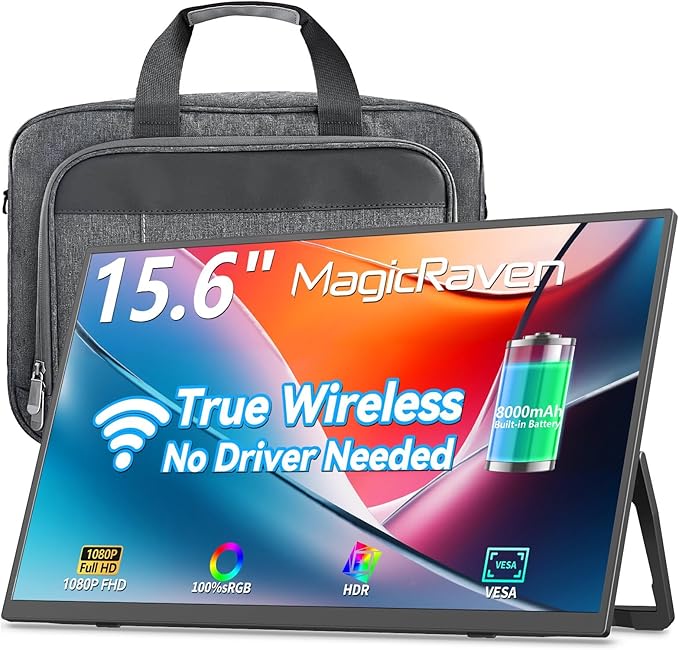 Wireless Portable Monitor for Laptop 15.6 Portable Monitor with Battery-1080P FHD Second Screen for Home &amp Office AirPlay &amp Miracast Casting No Cables or Drivers Needed(with Bag)