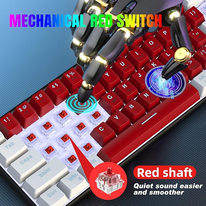 Snpurdiri Wired 60% Mechanical Gaming Keyboard White LED Backlit Ultra-Compact Small Office Keyboard for Windows Laptop PC Mac (White-Red Red Switches)