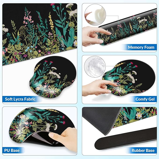 Desk Mat Set + Keyboard and Mouse Pad with Wrist Rest Support4-in-1 Large Mousepad Computer Mats for Desktop Home &amp Office-Floral Flowers